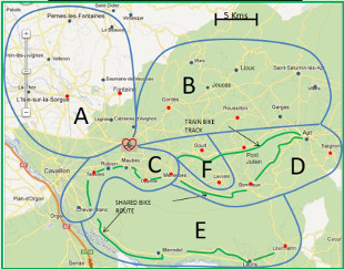 Provence bike trips, France - The different biking zones around the our single base B&B.